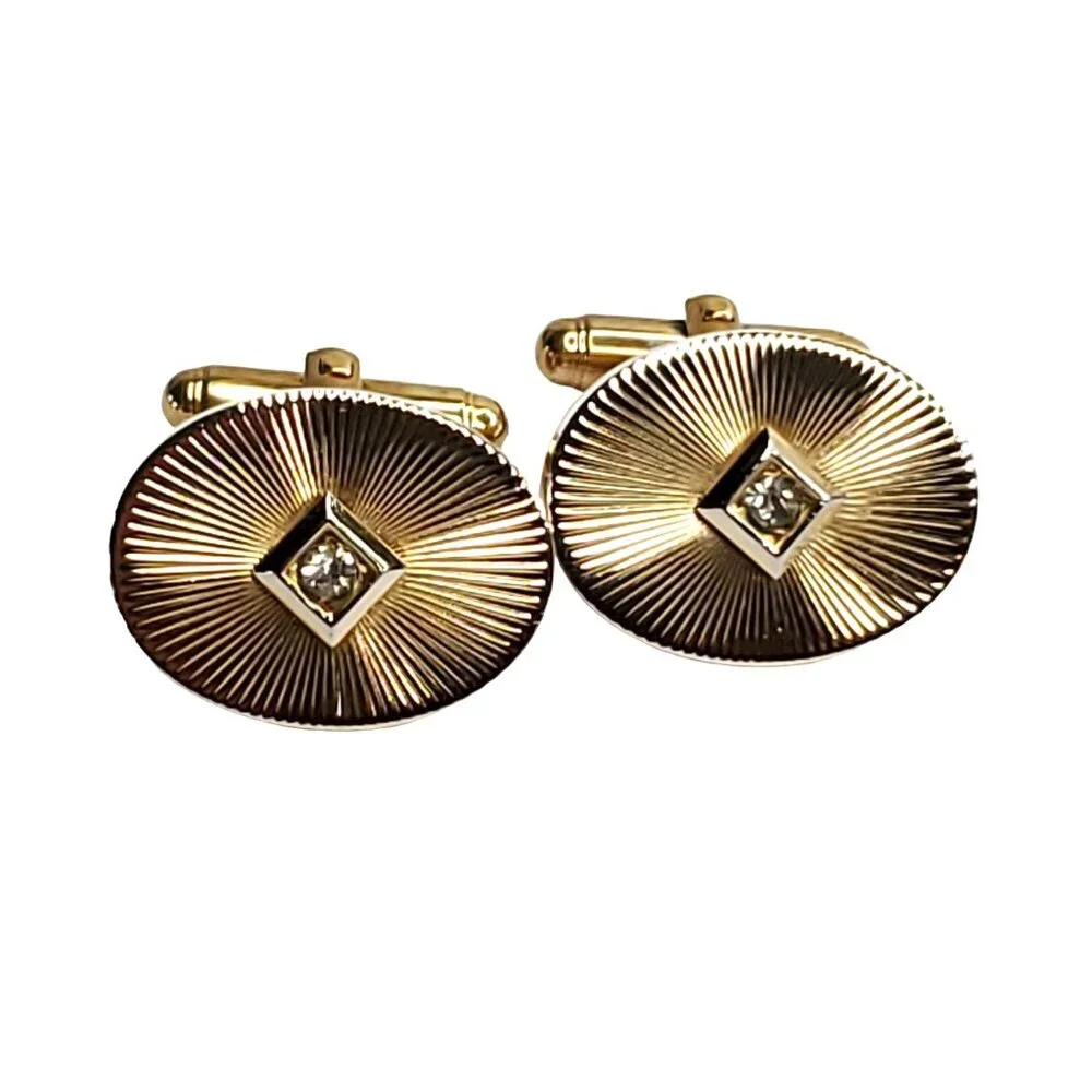 Vintage Gold Tone Cufflinks Starburst Oval Clear Rhinestone Crystal